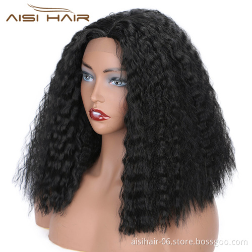 Aisi Hair Cheap Medium Long Natural Black Afro Curly Kinky Front Lace Wig Synthetic Lace Front Wig Hair Wigs For Black Women